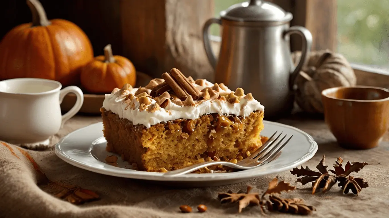 Pumpkin dump cake with whipped cream and caramel drizzle