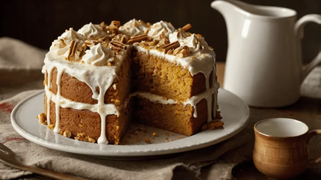 Close-up of pumpkin dump cake topped with cinnamon and pecans