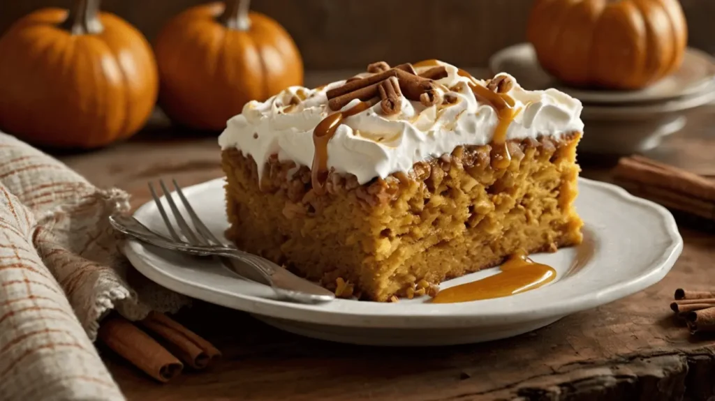 Serving slices of pumpkin dump cake at a fall gathering