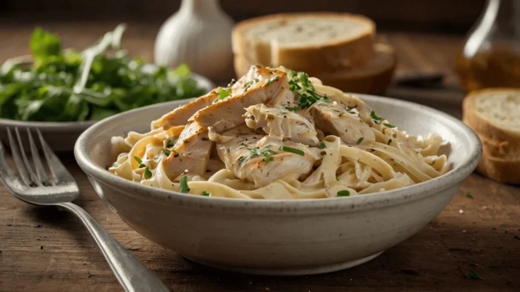 Easy chicken fettuccine alfredo with grilled chicken, creamy Alfredo sauce, and Parmesan.
