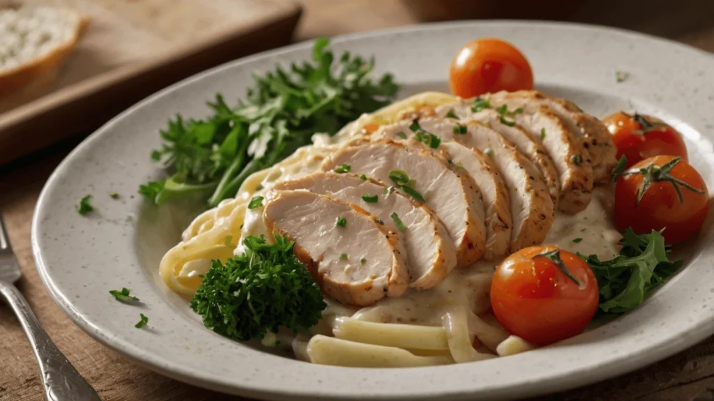 A full plate of easy chicken alfredo with garlic bread and a side salad.