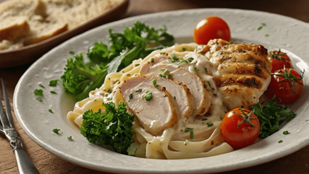 A plated serving of easy chicken alfredo with jar sauce, garnished with Parmesan and parsley.