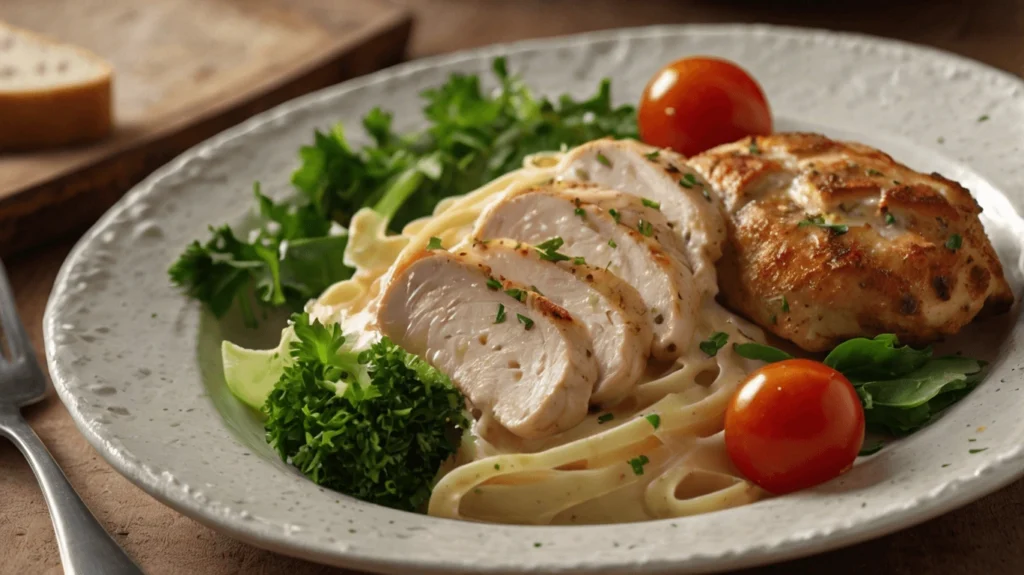 Fresh ingredients for easy chicken alfredo recipe with jar sauce, including pasta, chicken, alfredo sauce, and seasonings.