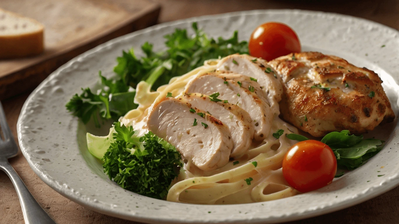 Fresh ingredients for easy chicken alfredo recipe with jar sauce, including pasta, chicken, alfredo sauce, and seasonings.