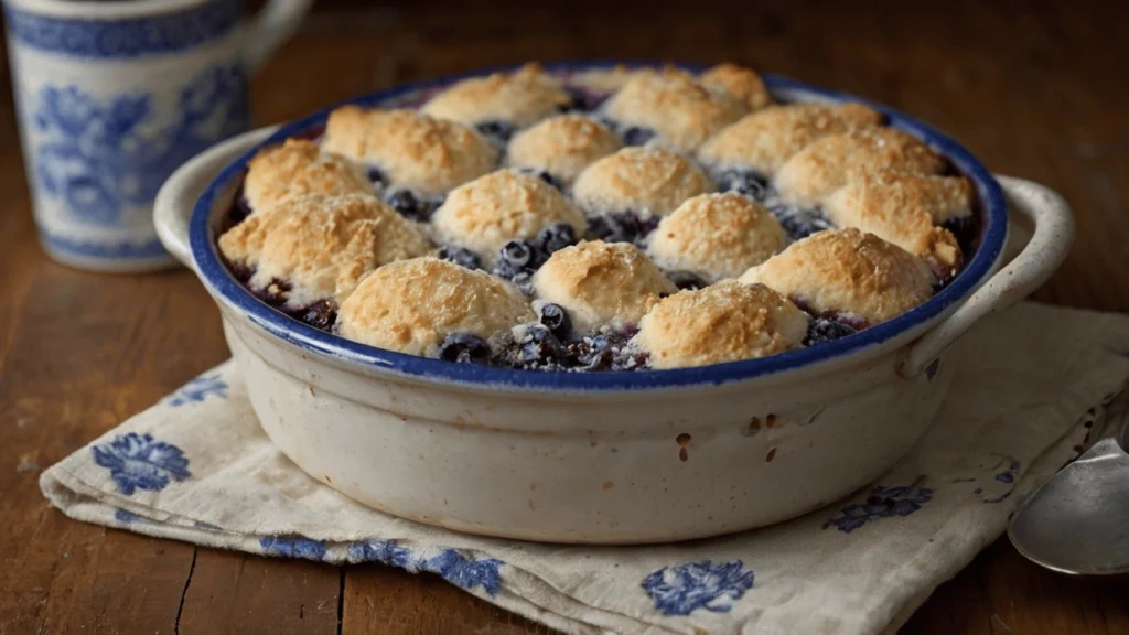 Blueberry cobbler stored in a glass container for freshness.
