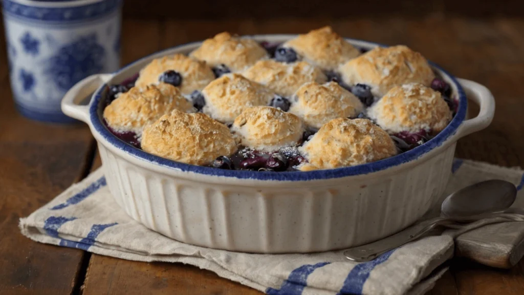 A freshly baked blueberry cobbler with a golden, crispy crust.
