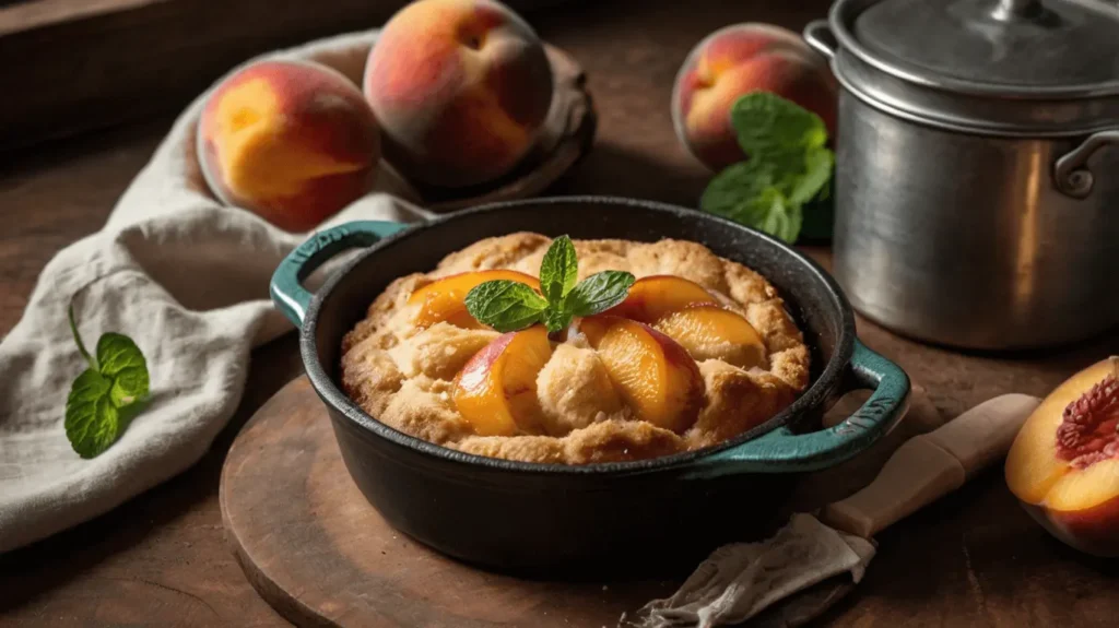 Freshly baked peach cobbler served with vanilla ice cream