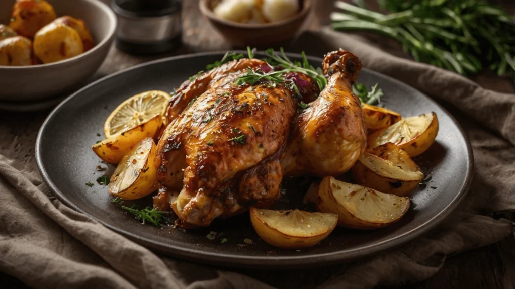 Roasted chicken thighs with crispy skin and garlic rosemary roasted potatoes