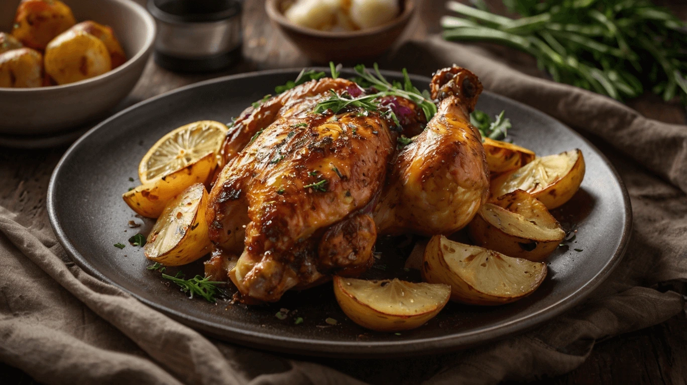 Roasted chicken thighs with crispy skin and garlic rosemary roasted potatoes