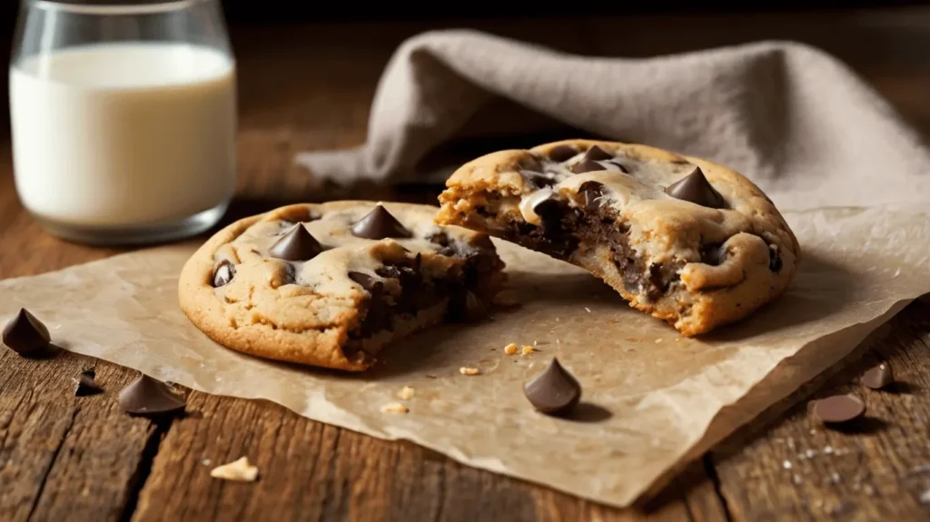 Broken cookie with melty chocolate center.
