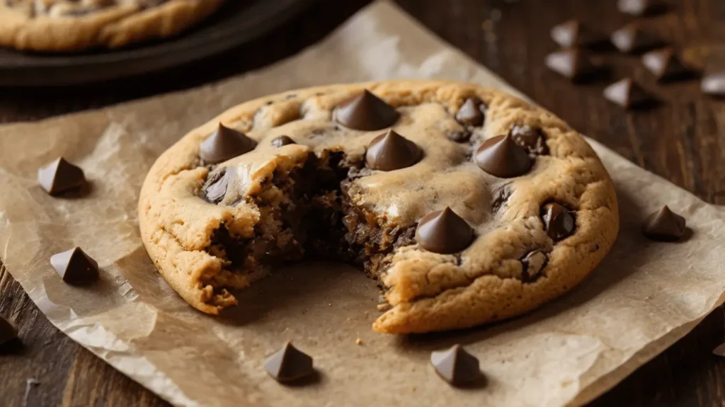 Single cookie on parchment paper ready to eat.