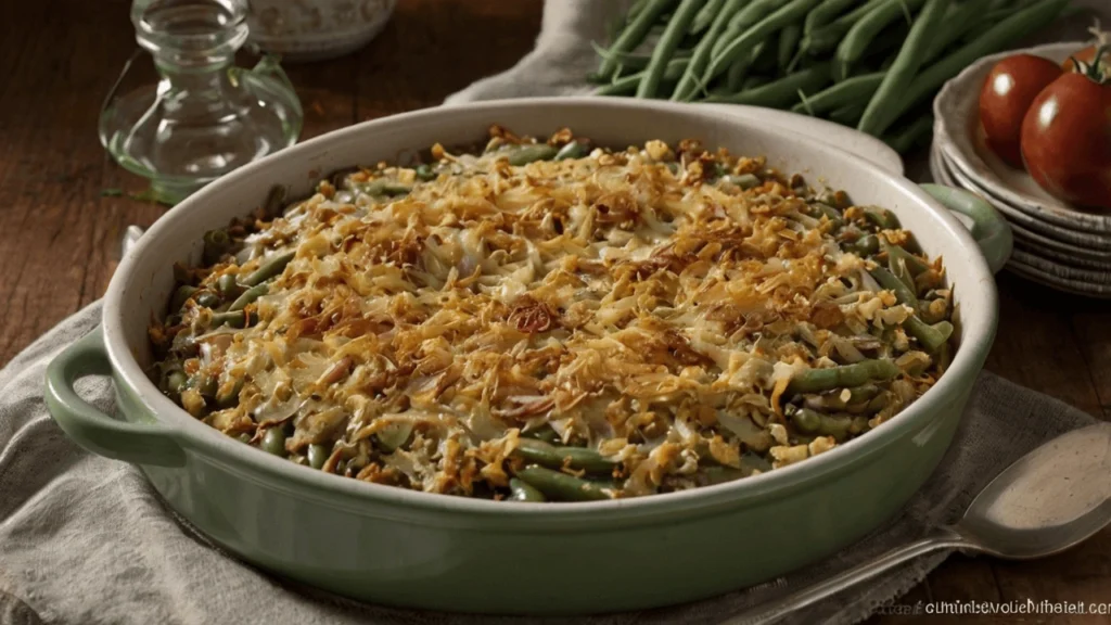 Delicious easy green bean casserole with crispy fried onions topping