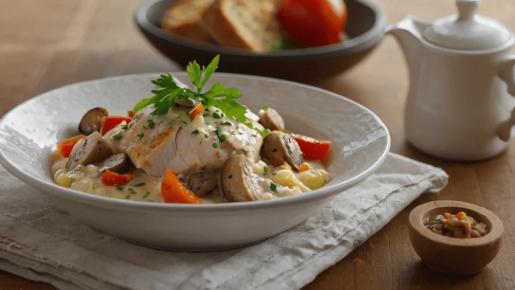 Easy Chicken Ala King with creamy sauce, chicken, vegetables, and puffed pastry on a white plate