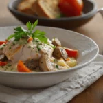 Easy Chicken Ala King with creamy sauce, chicken, vegetables, and puffed pastry on a white plate