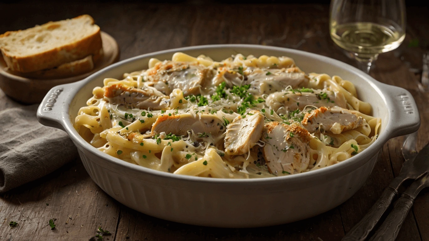 Baked easy chicken tetrazzini casserole with melted cheese on top
