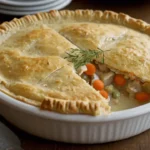 Preparing the creamy chicken pot pie filling with chicken, peas, carrots, and cream of chicken soup.