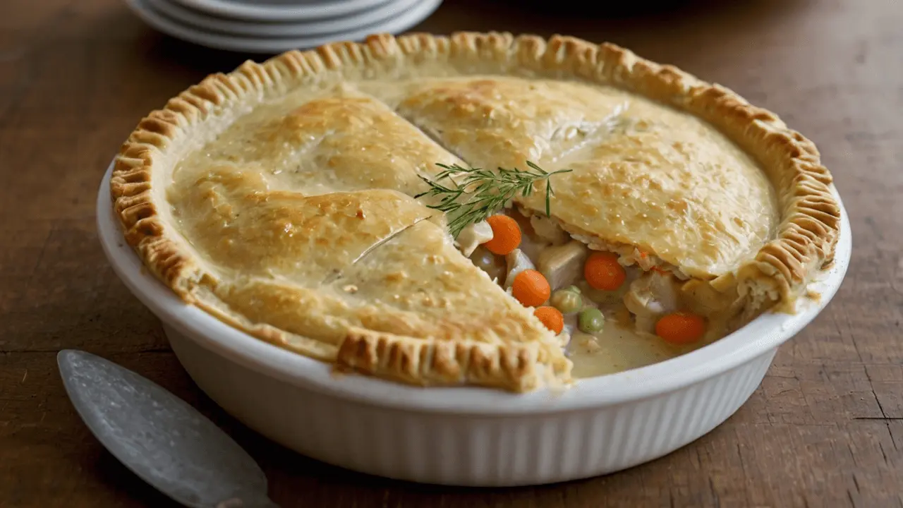Preparing the creamy chicken pot pie filling with chicken, peas, carrots, and cream of chicken soup.