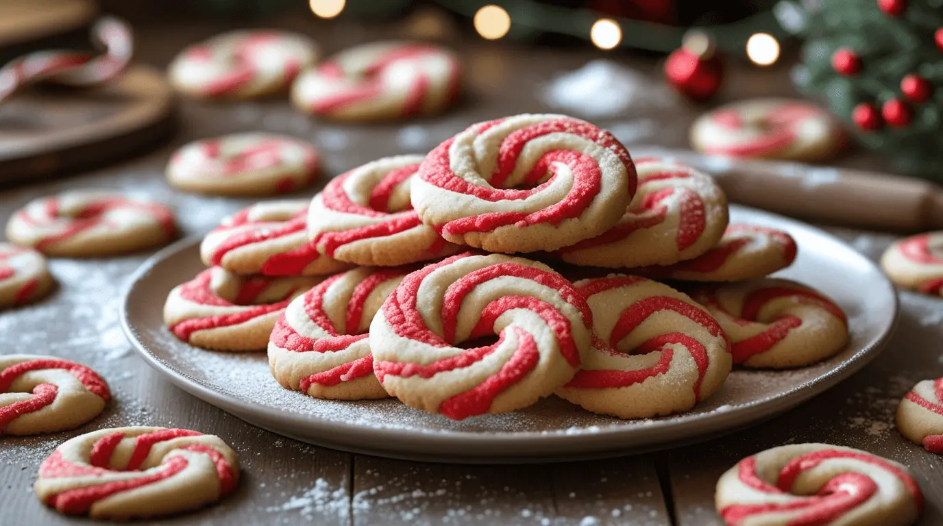 Freshly baked candy cane cookies with red and white swirls on a wooden table