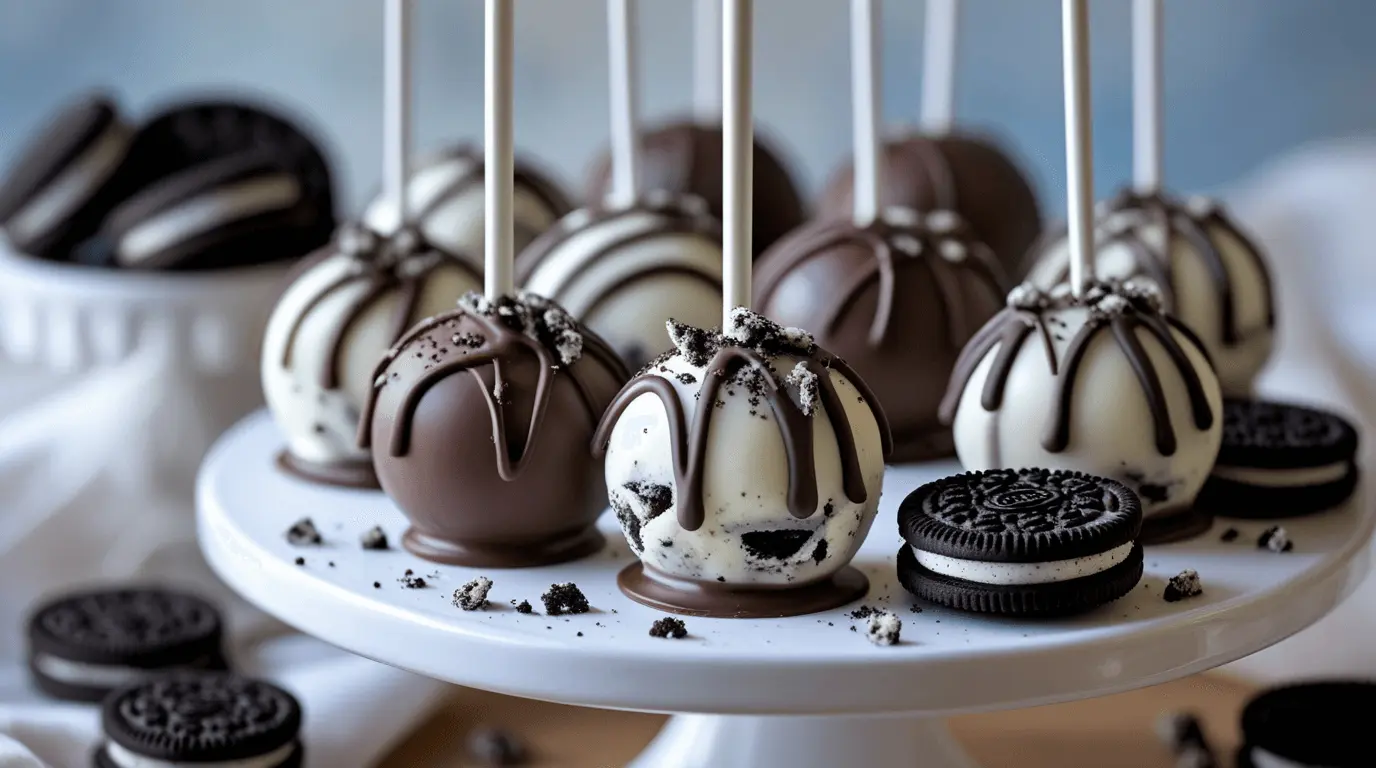 Delicious cookie and cream cake pops on a cake stand