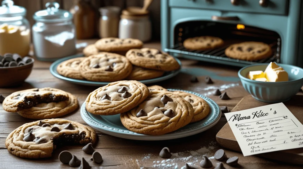 Close-up of a gooey Mama Kelce cookie with melted chocolate chips